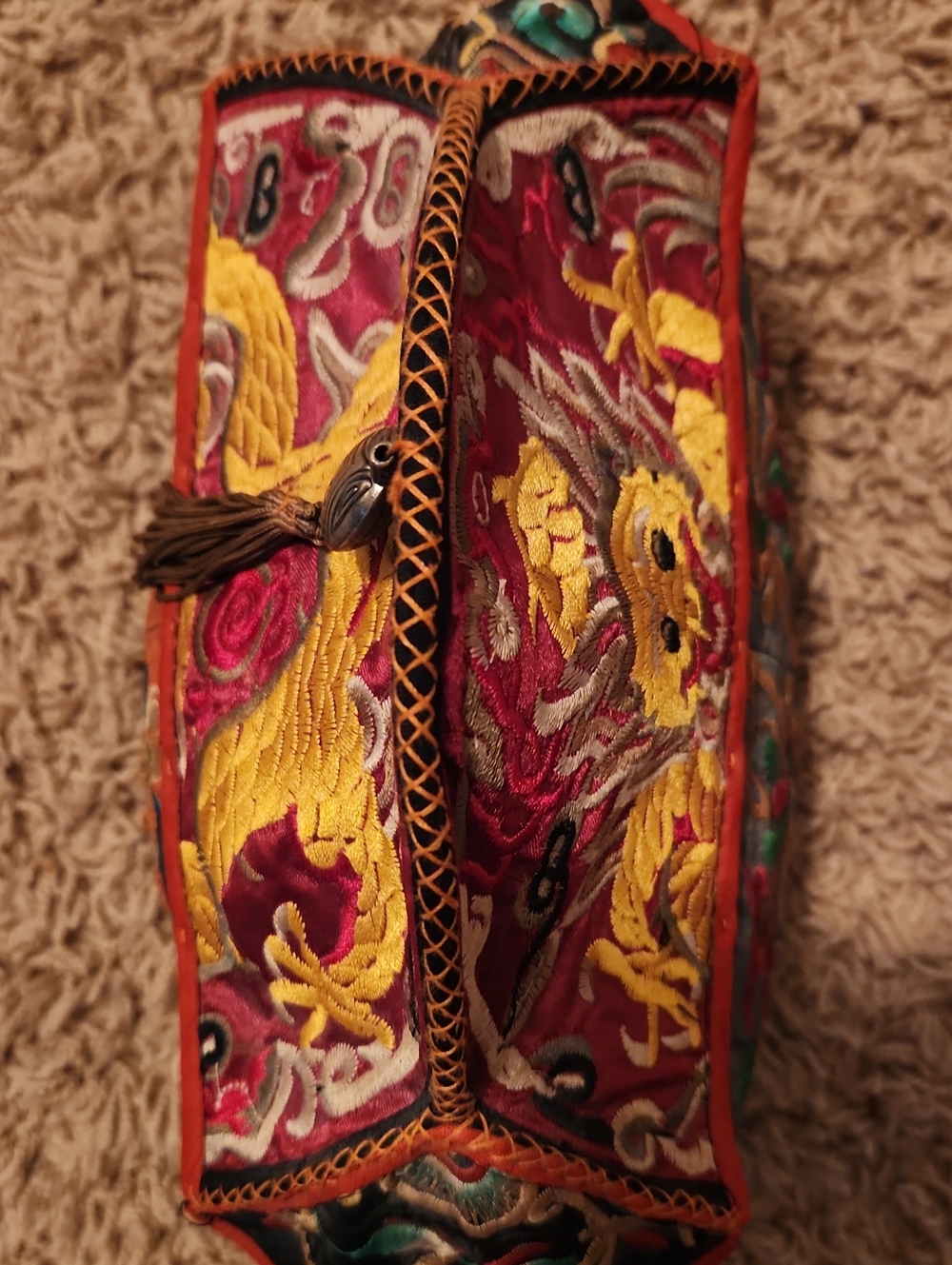 Miao Child Chinese Embroidered Hat with Tassel - Orange & Red - Picture 3 of 12